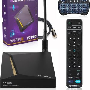 2023 vSeeBox V2 Pro with Voice Remote, Backlit Mini Keyboard and 8K HDMI Cable (4GB RAM + 32GB ROM)