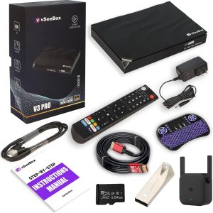 vSeeBox V3 Pro Bundle with Voice Control Remote, 8K HDMI Cable, 64GB TF Card, 64GB USB Drive, WiFi Extender, Backlit Keyboard, Detailed Setup Guide -